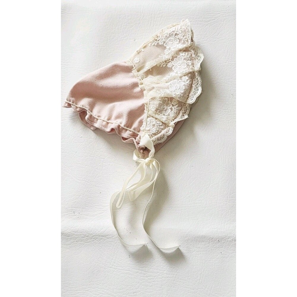 Vintage Baby's Christening Baptismal Bonnet Pink Lace and Ribbons Hand Made